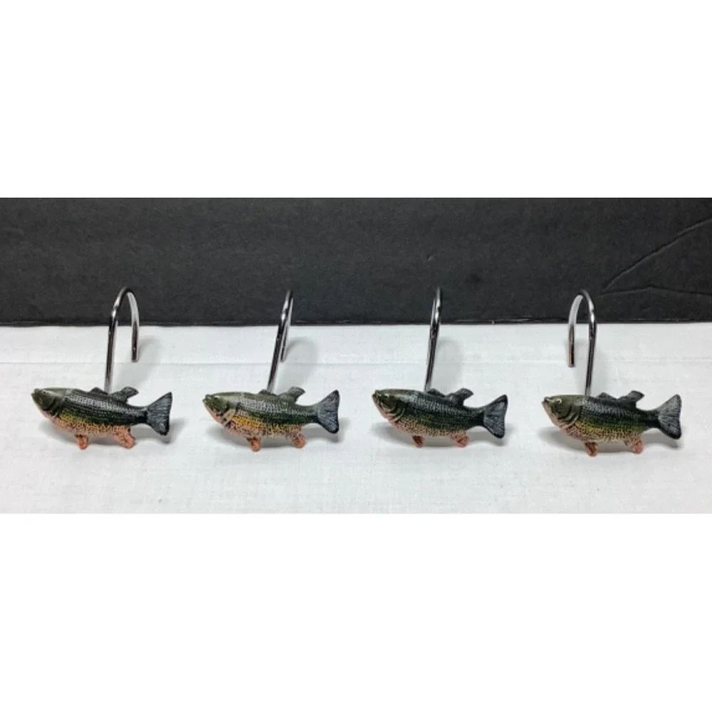 12 Rustic Cabin style Shower Curtain Hooks Baskets, Trout, and Pinecones Decor